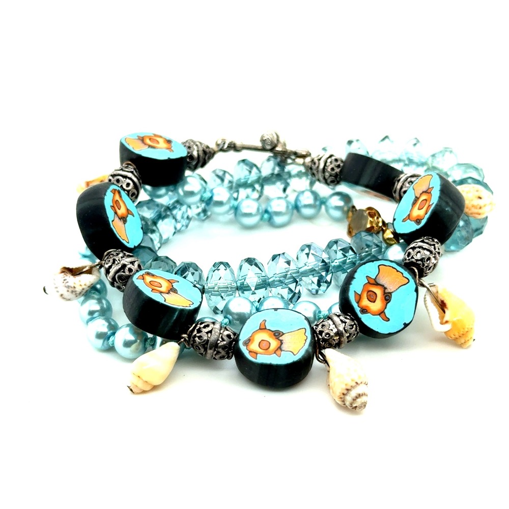 Blue Coastal Charm Bracelet Set Fish Shell Beads Crystal‎ Faux Pearl 3pc (E5)